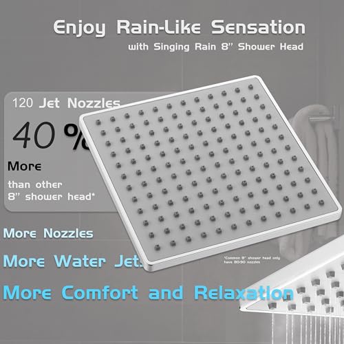 Singing Rain Rain Shower Head, 8'' High Pressure Rainfall Square Showerhead with 15'' Shower Head Extension Arm, Brass Adjustable Shower Arm Extender, Rainfall Waterfall Fixed Showerheads, Chrome - Image 4