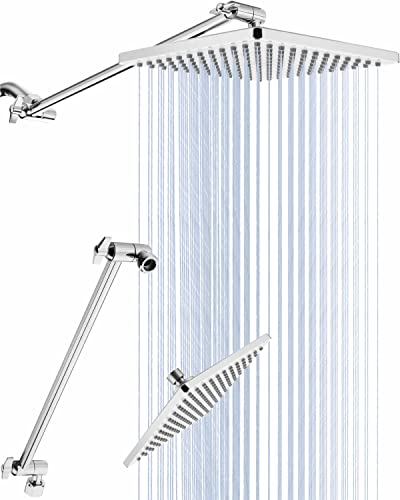 Singing Rain Rain Shower Head, 8'' High Pressure Rainfall Square Showerhead with 15'' Shower Head Extension Arm, Brass Adjustable Shower Arm Extender, Rainfall Waterfall Fixed Showerheads, Chrome - Image 1