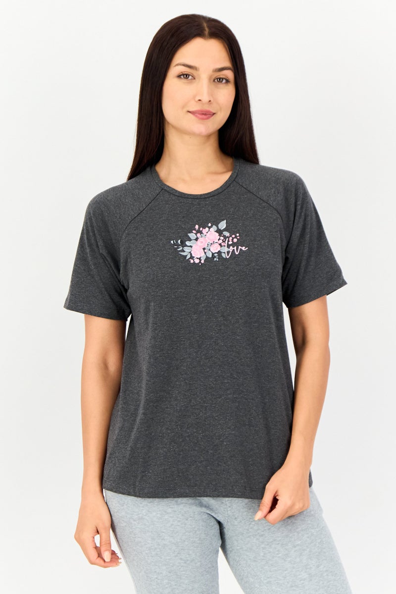 zivame Women Crew Neck Graphic Print Short Sleeve Sleepwear Top, Dark Grey - Image 1