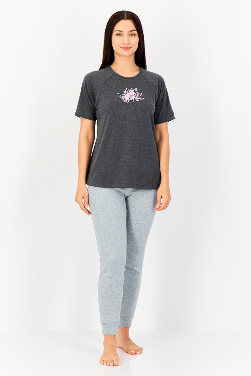 zivame Women Crew Neck Graphic Print Short Sleeve Sleepwear Top, Dark Grey - Image 2