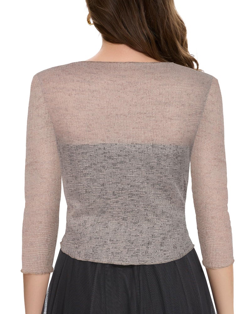 CHICGAL Women Crop Cardigan Sheer Mesh Bolero Shrug for Dress Tie Front 3/4 Sleeve Tops (Mocca,L) - Image 4