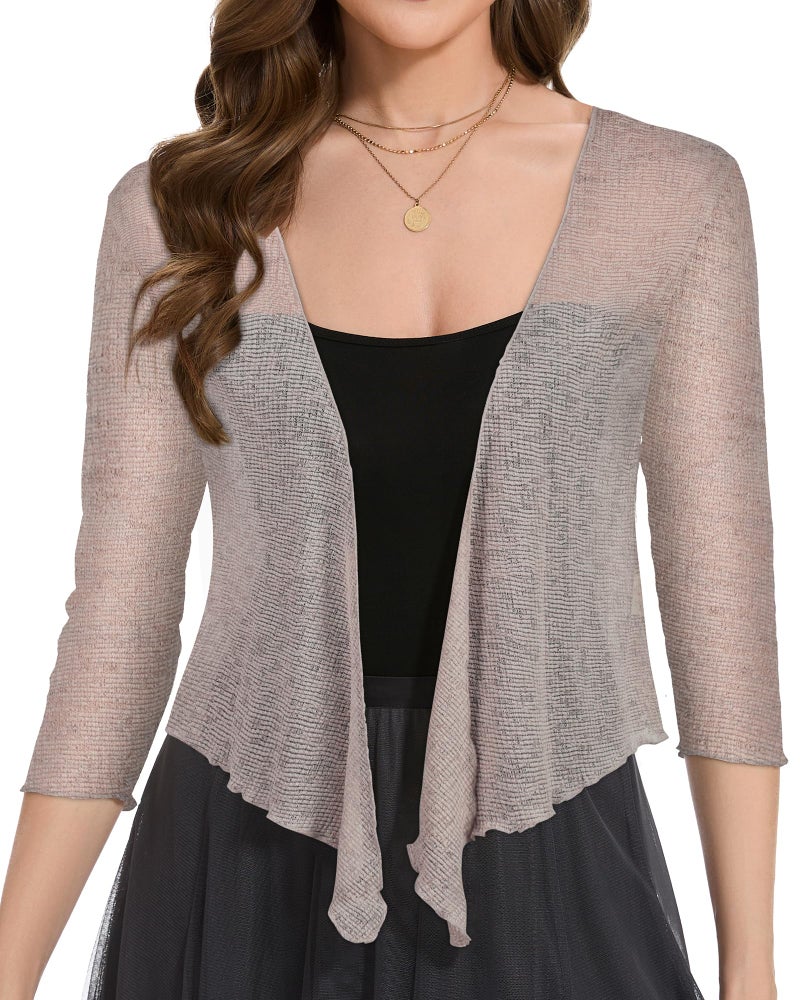CHICGAL Women Crop Cardigan Sheer Mesh Bolero Shrug for Dress Tie Front 3/4 Sleeve Tops (Mocca,L) - Image 2
