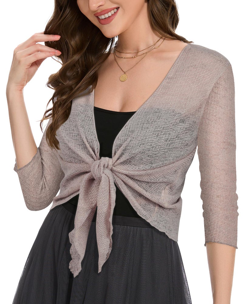 CHICGAL Women Crop Cardigan Sheer Mesh Bolero Shrug for Dress Tie Front 3/4 Sleeve Tops (Mocca,L) - Image 5
