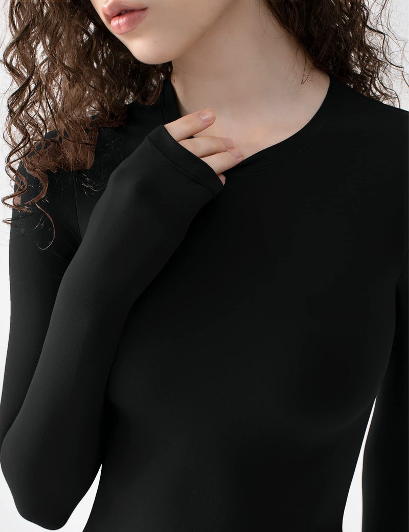 PUMIEY Long Sleeve Bodysuit Sexy Body Suits Women Clothing Crew Neck Tops Jet Black Small - Image 5