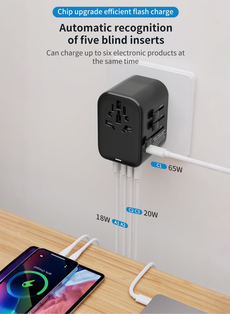 Jourvent Universal Travel Adapter, GaN III 65W International Charger with 2 USB Ports & 3 USB-C PD Fast Charging Adaptor, Worldwide Wall Charger for iPhone,Galaxy,Laptops, Type A/C/G/I (USA/UK/EU/AUS) - Image 3