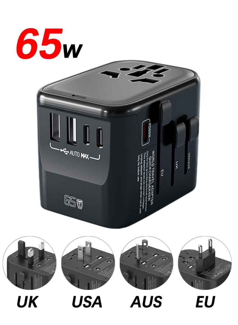Jourvent Universal Travel Adapter, GaN III 65W International Charger with 2 USB Ports & 3 USB-C PD Fast Charging Adaptor, Worldwide Wall Charger for iPhone,Galaxy,Laptops, Type A/C/G/I (USA/UK/EU/AUS) - Image 1