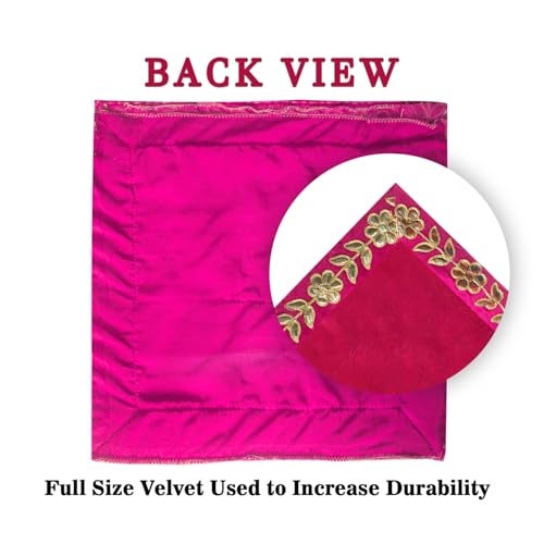 Dulhan DLC Designer 16x16 inch Pink Pooja Cloth for God Idol, Velvet for Puja mandir aasan, Gota Patti Border Square Altar Cloth 2 pc Chowki Cover Kapda for chath/Lakshmi Pooja - Image 3