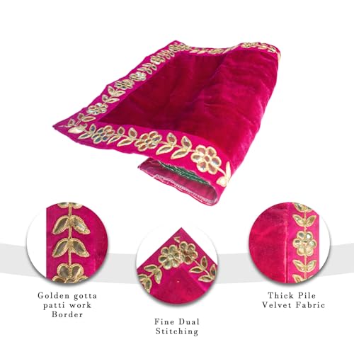 Dulhan DLC Designer 16x16 inch Pink Pooja Cloth for God Idol, Velvet for Puja mandir aasan, Gota Patti Border Square Altar Cloth 2 pc Chowki Cover Kapda for chath/Lakshmi Pooja - Image 4