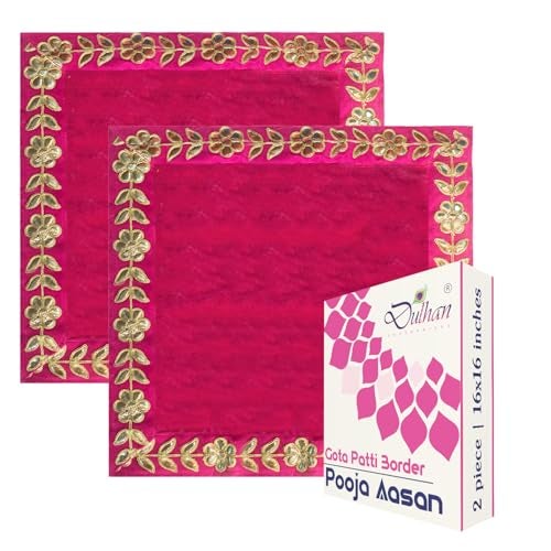 Dulhan DLC Designer 16x16 inch Pink Pooja Cloth for God Idol, Velvet for Puja mandir aasan, Gota Patti Border Square Altar Cloth 2 pc Chowki Cover Kapda for chath/Lakshmi Pooja - Image 1