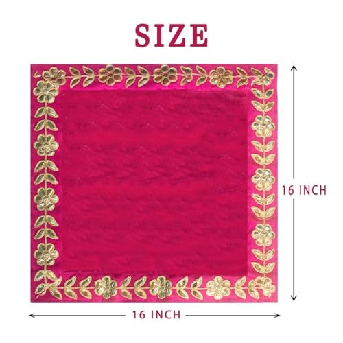 Dulhan DLC Designer 16x16 inch Pink Pooja Cloth for God Idol, Velvet for Puja mandir aasan, Gota Patti Border Square Altar Cloth 2 pc Chowki Cover Kapda for chath/Lakshmi Pooja - Image 2
