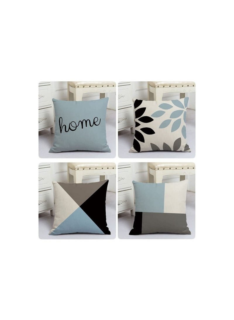 SHOWAY أغطية وسائد رمي 4 قطع 45x45 سم قطن كتان حديث هندسي مربع لأغطية الأرائك والكراسي وغرف النوم وديكور المنزل أزرق - Image 1