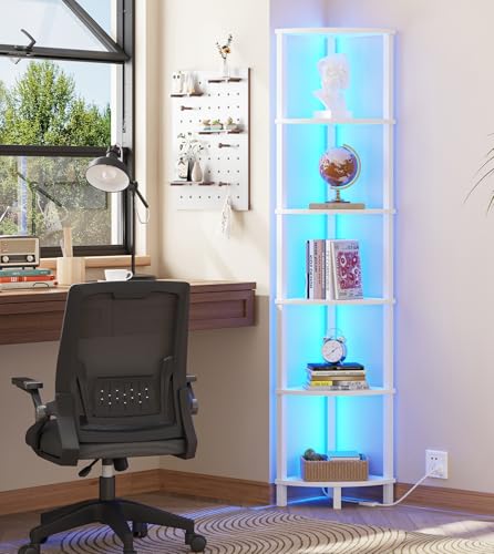 VIMBER Corners Shelf with LED Light, 6-Tier Corner Bookshelf, Industrial Corner-Ladder Shelf, Modern Display Shelf for Living Room, Bedroom, Kitchen, Home Office, Sturdy Frame, White UJSJ002W - Image 3