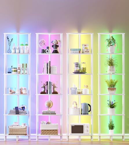 VIMBER Corners Shelf with LED Light, 6-Tier Corner Bookshelf, Industrial Corner-Ladder Shelf, Modern Display Shelf for Living Room, Bedroom, Kitchen, Home Office, Sturdy Frame, White UJSJ002W - Image 2