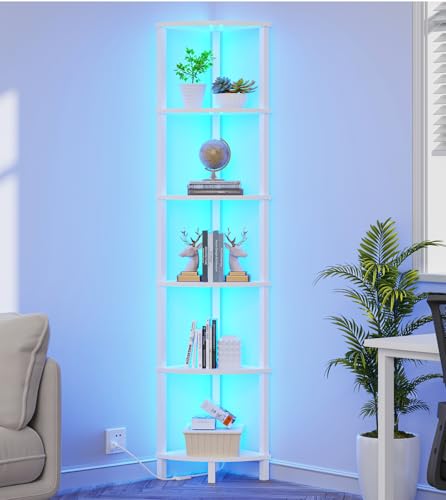 VIMBER Corners Shelf with LED Light, 6-Tier Corner Bookshelf, Industrial Corner-Ladder Shelf, Modern Display Shelf for Living Room, Bedroom, Kitchen, Home Office, Sturdy Frame, White UJSJ002W - Image 1