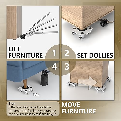 ONEON Furniture Mover Pro Set - Enhanced Dolly and Lifter with Custom TPE Wheels for Easy Furniture Lifting and Moving-Professional Tool for Effortless Furniture Transport(Light Gray 4Dollies+1Lifter) - Image 5