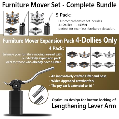 ONEON Furniture Mover Pro Set - Enhanced Dolly and Lifter with Custom TPE Wheels for Easy Furniture Lifting and Moving-Professional Tool for Effortless Furniture Transport(Light Gray 4Dollies+1Lifter) - Image 2