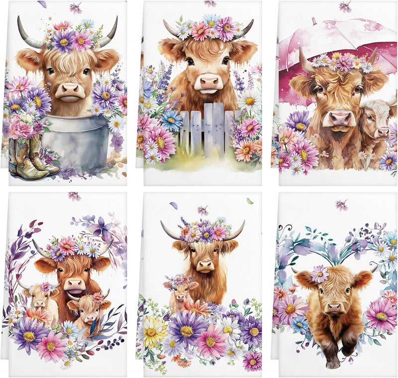 Oudain 6 Pcs Highland Cattle Farmhouse Kitchen Towels Highland Cow Farmhouse Hand Towels 24 x 16 Absorbent Sunflower Floral Dish Tea Coths for Bathroom Home Gift Decor - Image 1