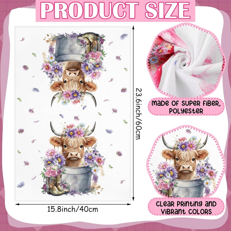 Oudain 6 Pcs Highland Cattle Farmhouse Kitchen Towels Highland Cow Farmhouse Hand Towels 24 x 16 Absorbent Sunflower Floral Dish Tea Coths for Bathroom Home Gift Decor - Image 3