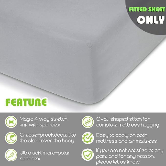 COSMOPLUS Fitted Sheet- COSMOPLUS Full Fitted Sheet Only（No Flat Sheet or Pillow Shams）,4 Way Stretch Micro-Knit,Snug Fit,Wrinkle Free,for Standard Mattress and Air Bed Mattress from 8” Up to 14”,Light Gray - Image 2