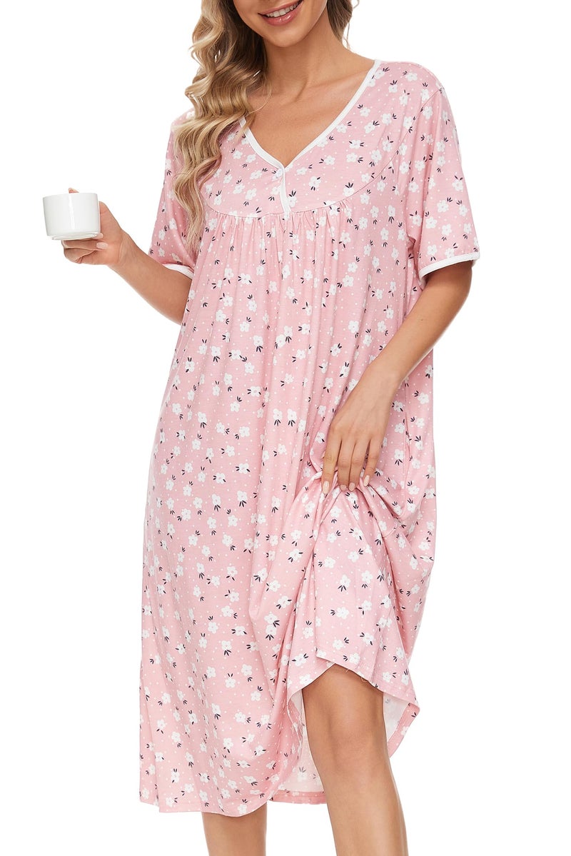 AVIIER Nightgows for Women Soft Cotton Night Shirts Short Sleeve Sleepwear with Pockets (Pink Flower 2, Large) - Image 1