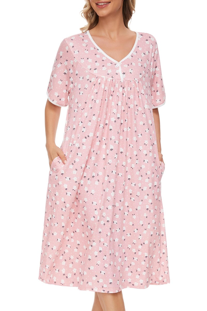 AVIIER Nightgows for Women Soft Cotton Night Shirts Short Sleeve Sleepwear with Pockets (Pink Flower 2, Large) - Image 3