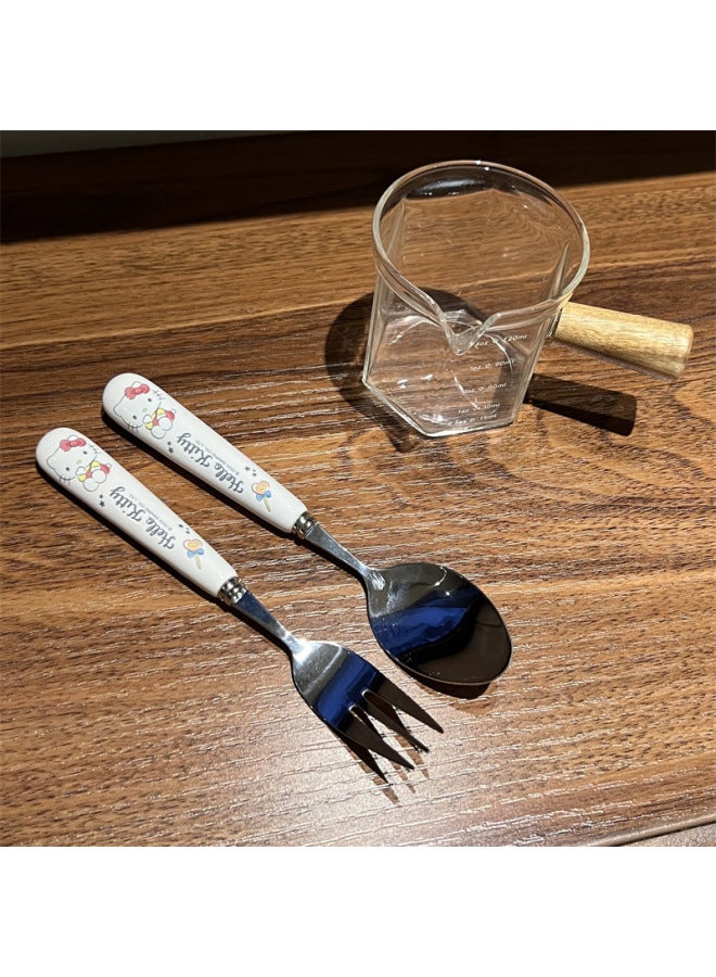 Korean Style Soup Spoon Stainless Steel High Color Value Kulomi Sanrio Ceramic Spoon Student Special Spoon Fork Suit-Specifications:KT Spoon - Image 1