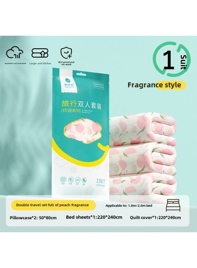 Time Disposable Pillowcase Extra Thickened Quilt Cover Pillowcase Double Bed Sheet Four-piece Hotel Travel Supplies-Color: Full Of Peach Fragrance Printed Style  1 Pack - Image 1