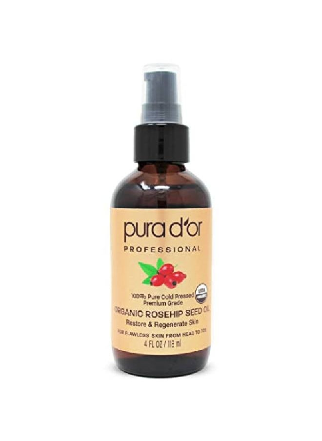 Pura d'or - Organic Rosehip Seed Oil (4Oz / 118Ml) 100% Pure Cold Pressed Usda Certified Organic All Natural Antiaging Moisturizer Treatment For Face Hair Skin Nails Menwomen (Packaging May Vary) - Image 1