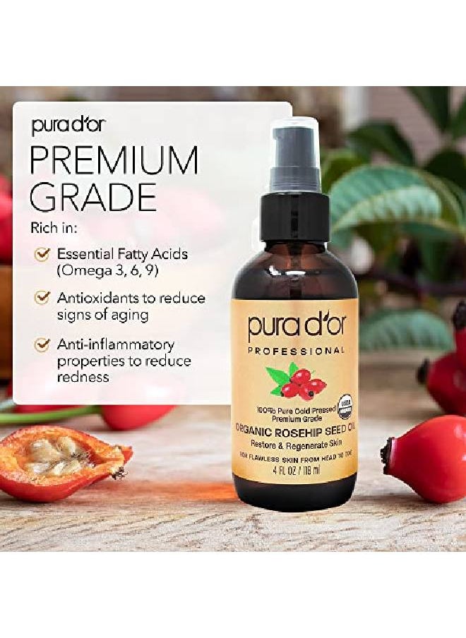 Pura d'or - Organic Rosehip Seed Oil (4Oz / 118Ml) 100% Pure Cold Pressed Usda Certified Organic All Natural Antiaging Moisturizer Treatment For Face Hair Skin Nails Menwomen (Packaging May Vary) - Image 1