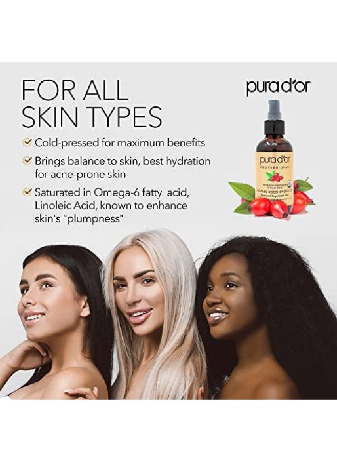 Pura d'or - Organic Rosehip Seed Oil (4Oz / 118Ml) 100% Pure Cold Pressed Usda Certified Organic All Natural Antiaging Moisturizer Treatment For Face Hair Skin Nails Menwomen (Packaging May Vary) - Image 1