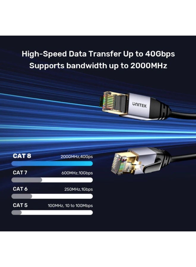 UNITEK كابل إيثرنت يونيتيك كات 8، 3 متر، أسود – كابل شبكة LAN عالي السرعة بسرعة 40Gbps مع عرض نطاق 2000MHz، محمي S/FTP، موصلات RJ45 مطلية بالذهب للألعاب، البث، الموجه، المودم، الكمبيوتر، والمفتاح - Image 4