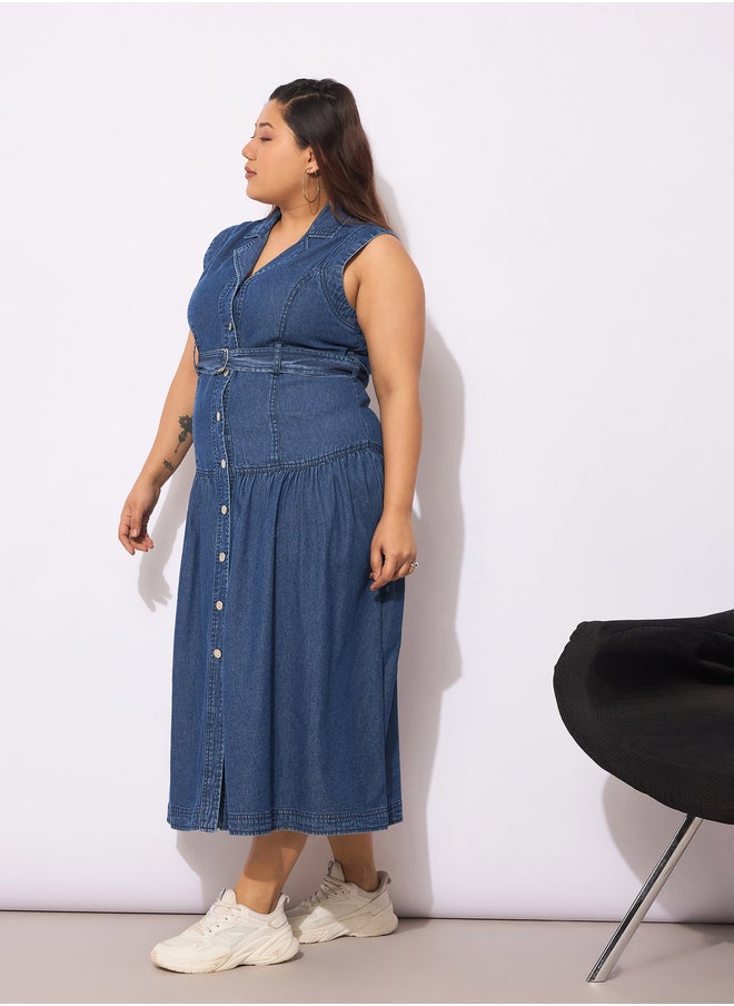SASSAFRAS - Plus Size Buttoned Sleeveless Flared Midi Dress - Image 1