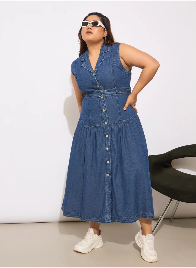 ساسافراس Plus Size Buttoned Sleeveless Flared Midi Dress