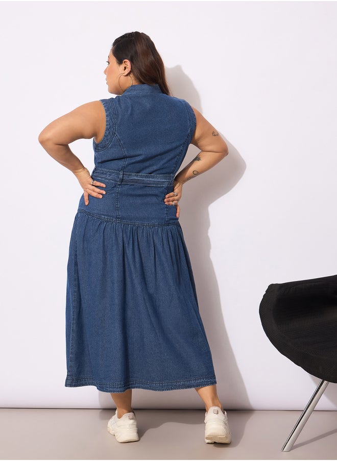 SASSAFRAS - Plus Size Buttoned Sleeveless Flared Midi Dress - Image 1