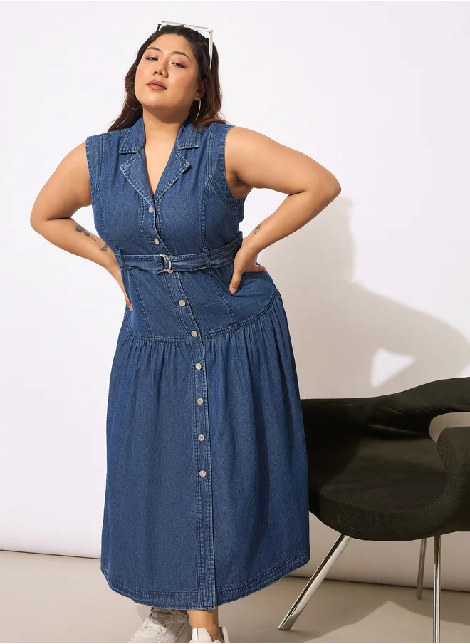 ساسافراس Plus Size Buttoned Sleeveless Flared Midi Dress
