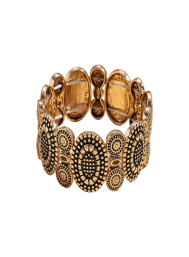 OIDIMS Vintage Round Engraved Charm Bracelet for Women Bohemian Elastic Stretch Bracelets Adjustable Stacking Bangle Fashion Hand Wrist Band Trendy Boho Outfits Dresses Western Jewelry for Her (Gold-Tone) - Image 1