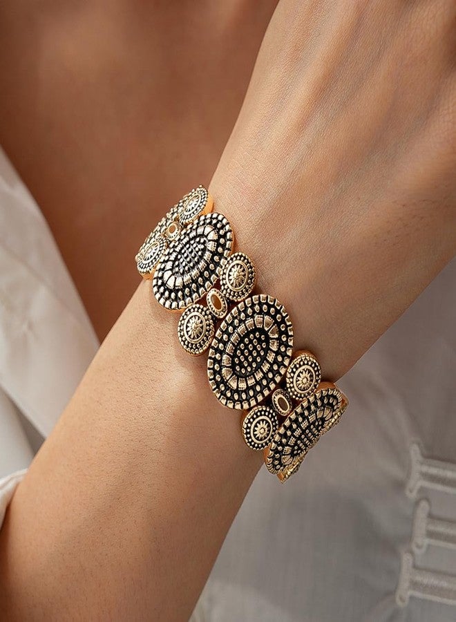 OIDIMS Vintage Round Engraved Charm Bracelet for Women Bohemian Elastic Stretch Bracelets Adjustable Stacking Bangle Fashion Hand Wrist Band Trendy Boho Outfits Dresses Western Jewelry for Her (Gold-Tone) - Image 2