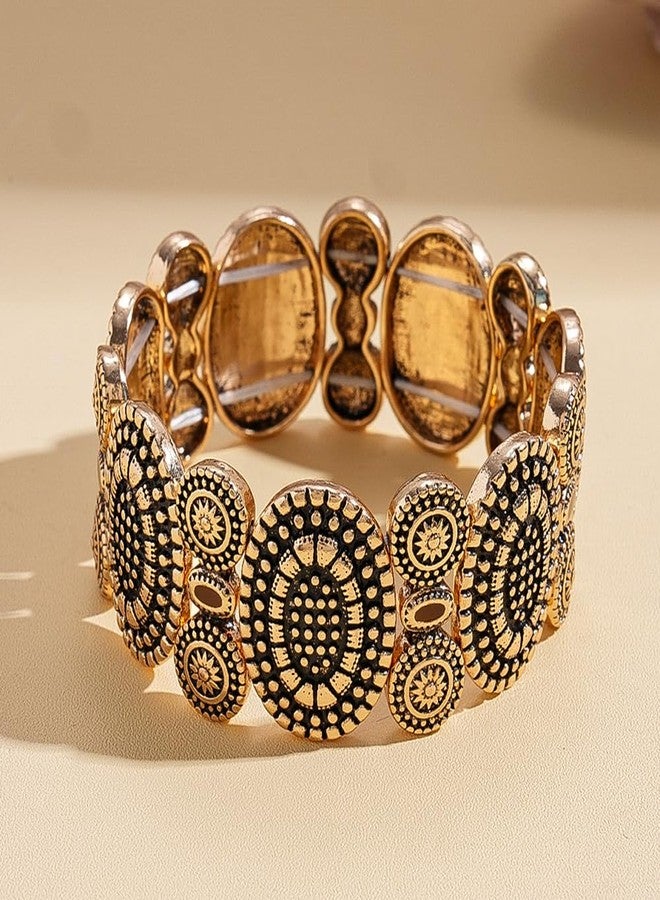 OIDIMS Vintage Round Engraved Charm Bracelet for Women Bohemian Elastic Stretch Bracelets Adjustable Stacking Bangle Fashion Hand Wrist Band Trendy Boho Outfits Dresses Western Jewelry for Her (Gold-Tone) - Image 5