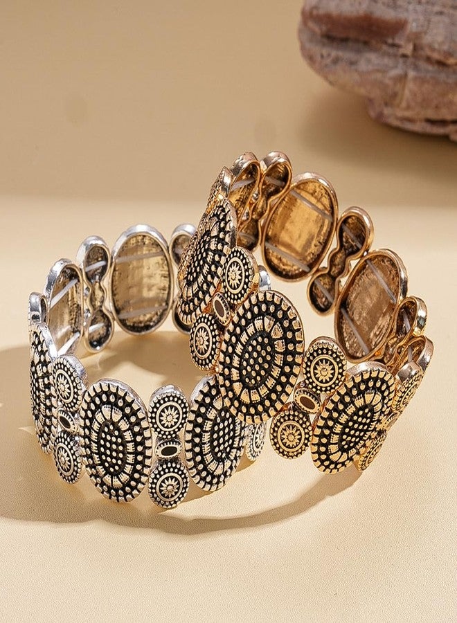 OIDIMS Vintage Round Engraved Charm Bracelet for Women Bohemian Elastic Stretch Bracelets Adjustable Stacking Bangle Fashion Hand Wrist Band Trendy Boho Outfits Dresses Western Jewelry for Her (Gold-Tone) - Image 4