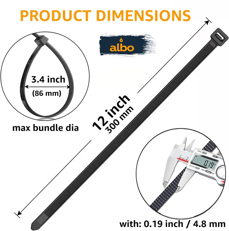 ALBO Zip Ties Black 12 Inch 1000 Pack 50 lb, Long Plastic Cable Ties Thick 0.19 Inch Tie Wraps Heavy Duty UV Resistant Nylon Wire Ties for Indoor and Outdoor - Image 2