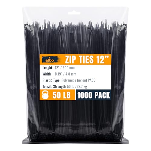 ALBO Zip Ties Black 12 Inch 1000 Pack 50 lb, Long Plastic Cable Ties Thick 0.19 Inch Tie Wraps Heavy Duty UV Resistant Nylon Wire Ties for Indoor and Outdoor - Image 1