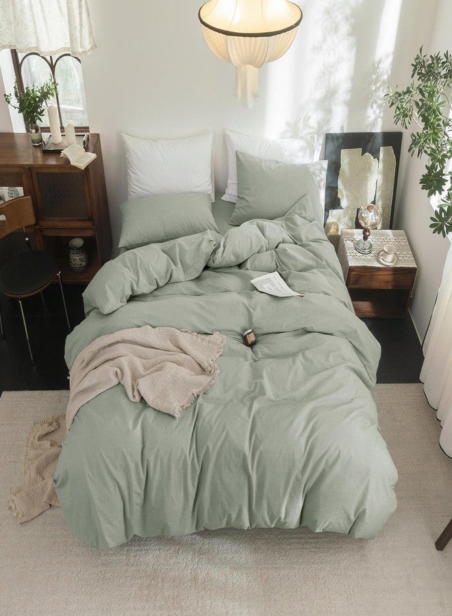 FOSSA Duvet Cover Set 100% Washed Cotton Linen Feel Super Soft Breathable Cozy Simple Style 3 Pieces Bedding Sets Solid Sage Green King - Image 4