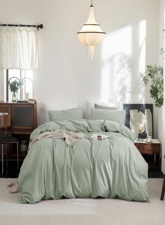 FOSSA Duvet Cover Set 100% Washed Cotton Linen Feel Super Soft Breathable Cozy Simple Style 3 Pieces Bedding Sets Solid Sage Green King - Image 1
