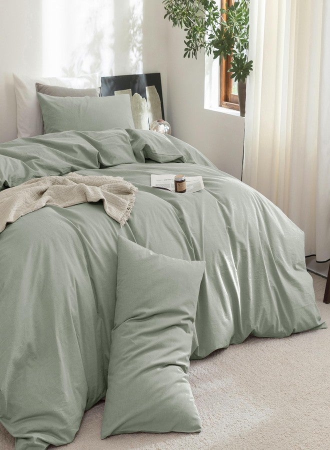 FOSSA Duvet Cover Set 100% Washed Cotton Linen Feel Super Soft Breathable Cozy Simple Style 3 Pieces Bedding Sets Solid Sage Green King - Image 3