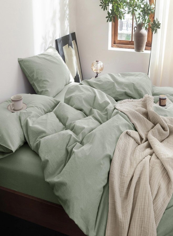 FOSSA Duvet Cover Set 100% Washed Cotton Linen Feel Super Soft Breathable Cozy Simple Style 3 Pieces Bedding Sets Solid Sage Green King - Image 2
