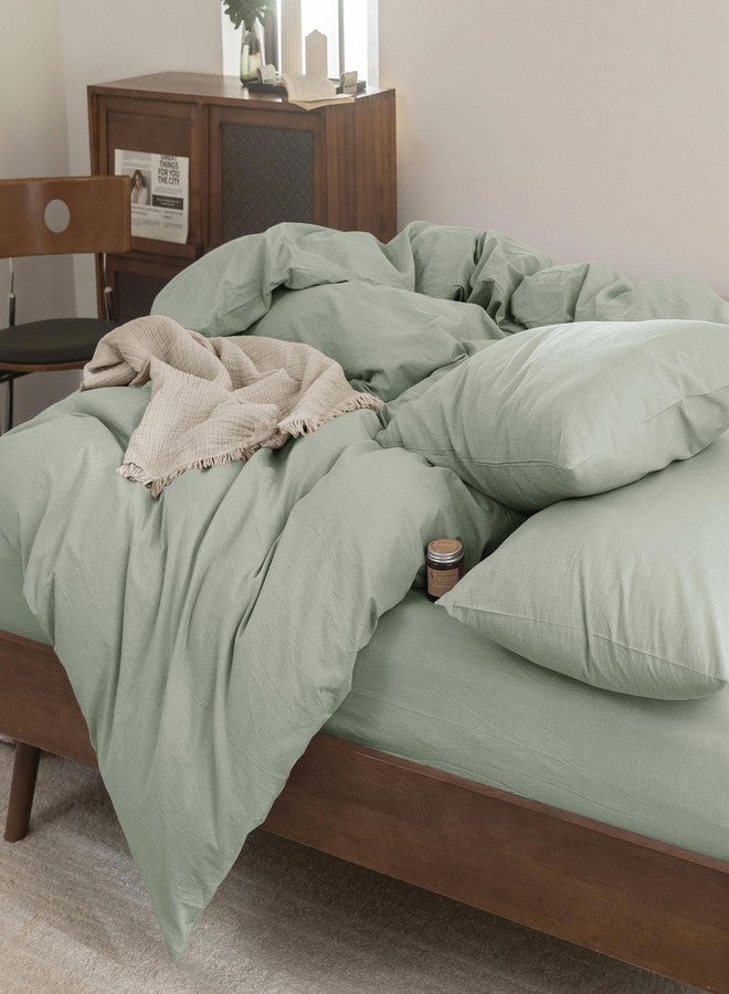 FOSSA Duvet Cover Set 100% Washed Cotton Linen Feel Super Soft Breathable Cozy Simple Style 3 Pieces Bedding Sets Solid Sage Green King - Image 5
