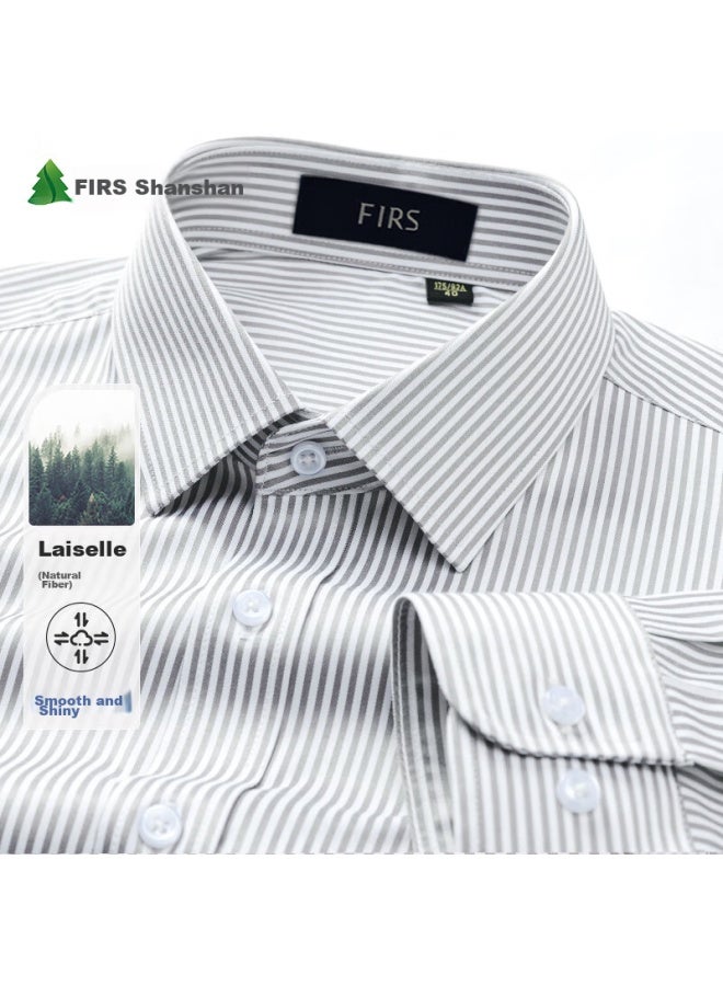 Firs Lyocell Long-sleeve Shirt For Men, Wrinkle-free, Business Casual Striped Shirt, Light Gray Stripes, Size 42 - Image 1