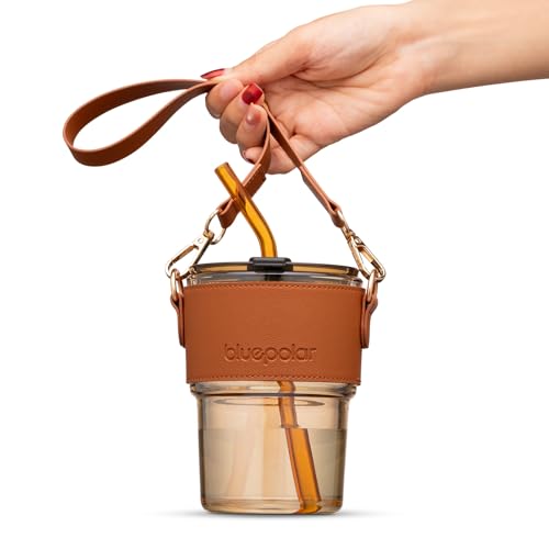 BLUEPOLAR 13 oz Tumbler Water Glass Water Bottle with Straw and Dustproof Lid Coffee Ice Cup Double Wall Insulated Glass Cup Amber with Sleeve and Strap - Image 1