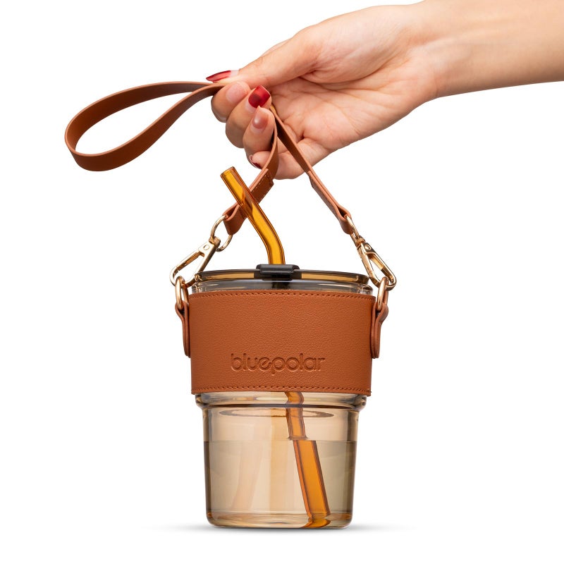 BLUEPOLAR 13 oz Tumbler Water Glass Water Bottle with Straw and Dustproof Lid Coffee Ice Cup Double Wall Insulated Glass Cup Amber with Sleeve and Strap - Image 2