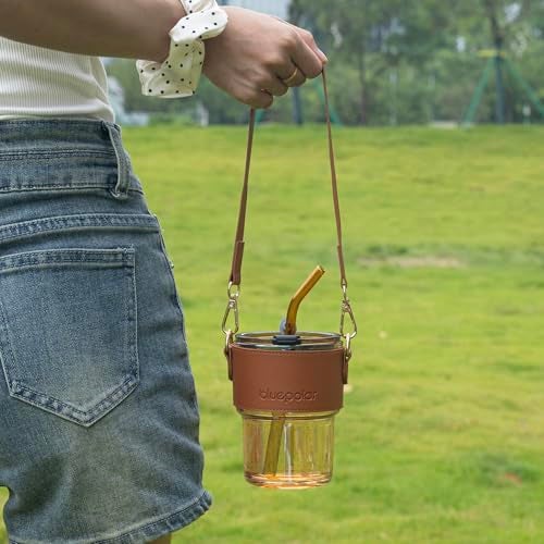BLUEPOLAR 13 oz Tumbler Water Glass Water Bottle with Straw and Dustproof Lid Coffee Ice Cup Double Wall Insulated Glass Cup Amber with Sleeve and Strap - Image 3